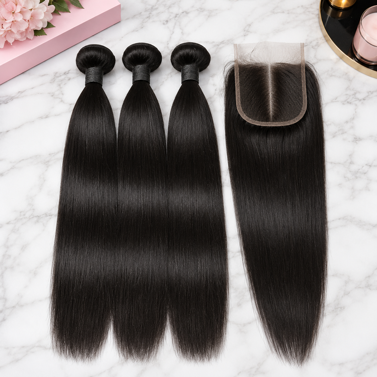 Double Drawn Straight Human Hair Bundle Deal with 13x Closure - 26 Inch x3 Bundles + 13x Closure