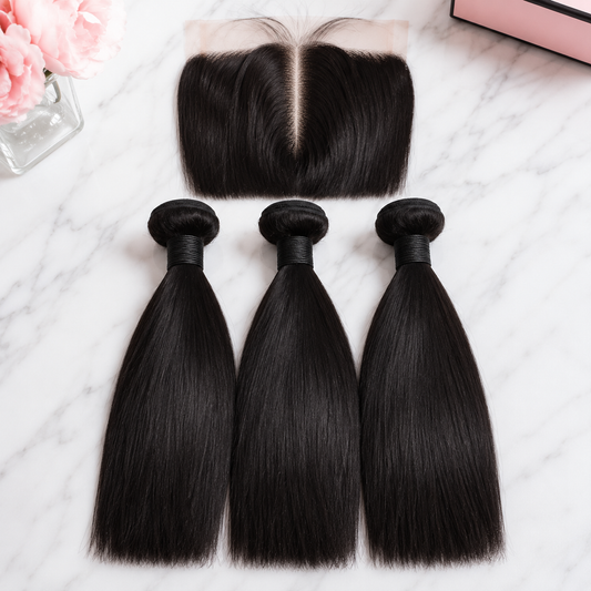 Double Drawn Straight Human Hair Bundle Deal with 13x Closure - 10 Inch x3 Bundles + 13x Closure