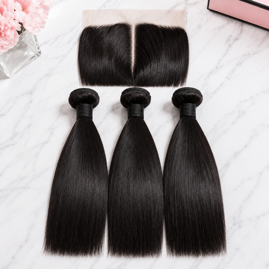 Double Drawn Straight Human Hair Bundle Deal with 13x Closure - 12 Inch x3 Bundles + 13x Closure