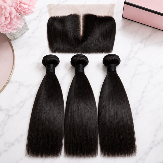 Double Drawn Straight Human Hair Bundle Deal with 13x Closure - 14 Inch x3 Bundles + 13x Closure