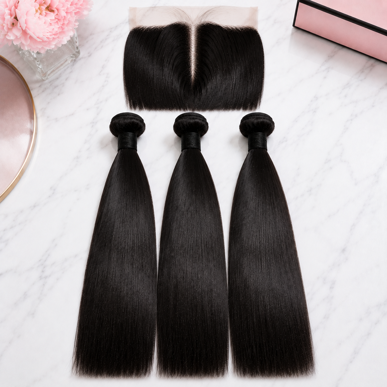 Double Drawn Straight Human Hair Bundle Deal with 13x Closure - 18 Inch x3 Bundles + 13x Closure