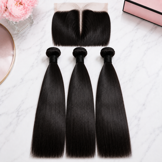 Double Drawn Straight Human Hair Bundle Deal with 13x Closure - 18 Inch x3 Bundles + 13x Closure