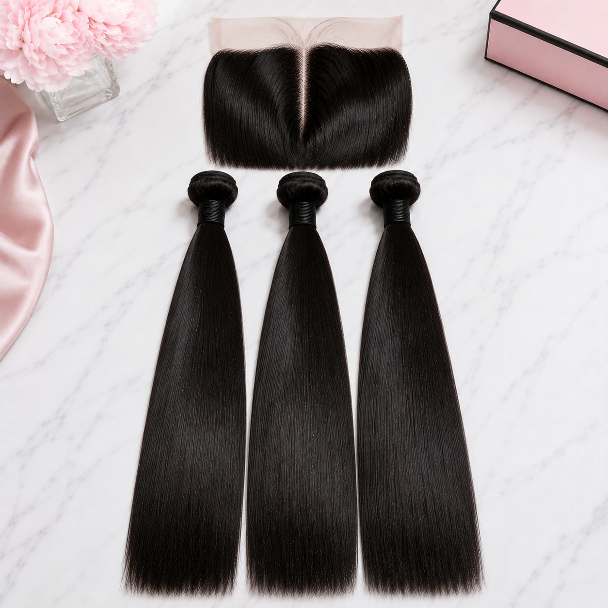 Double Drawn Straight Human Hair Bundle Deal with 13x Closure - 20 Inch x3 Bundles + 13x Closure