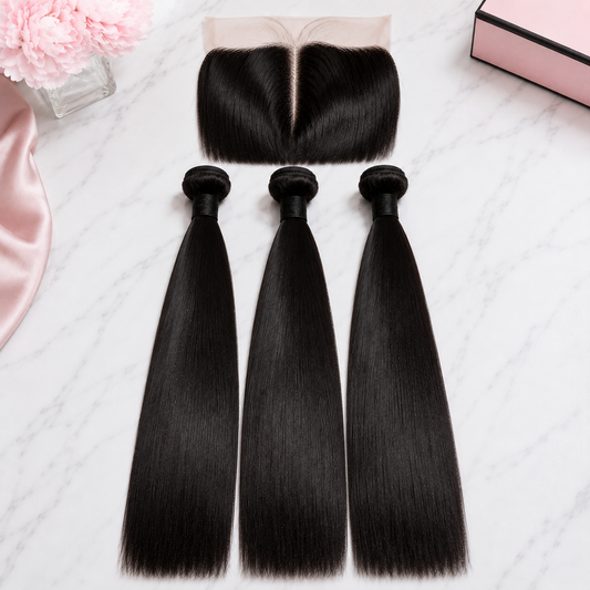 Double Drawn Straight Human Hair Bundle Deal with 13x Closure - 20 Inch x3 Bundles + 13x Closure