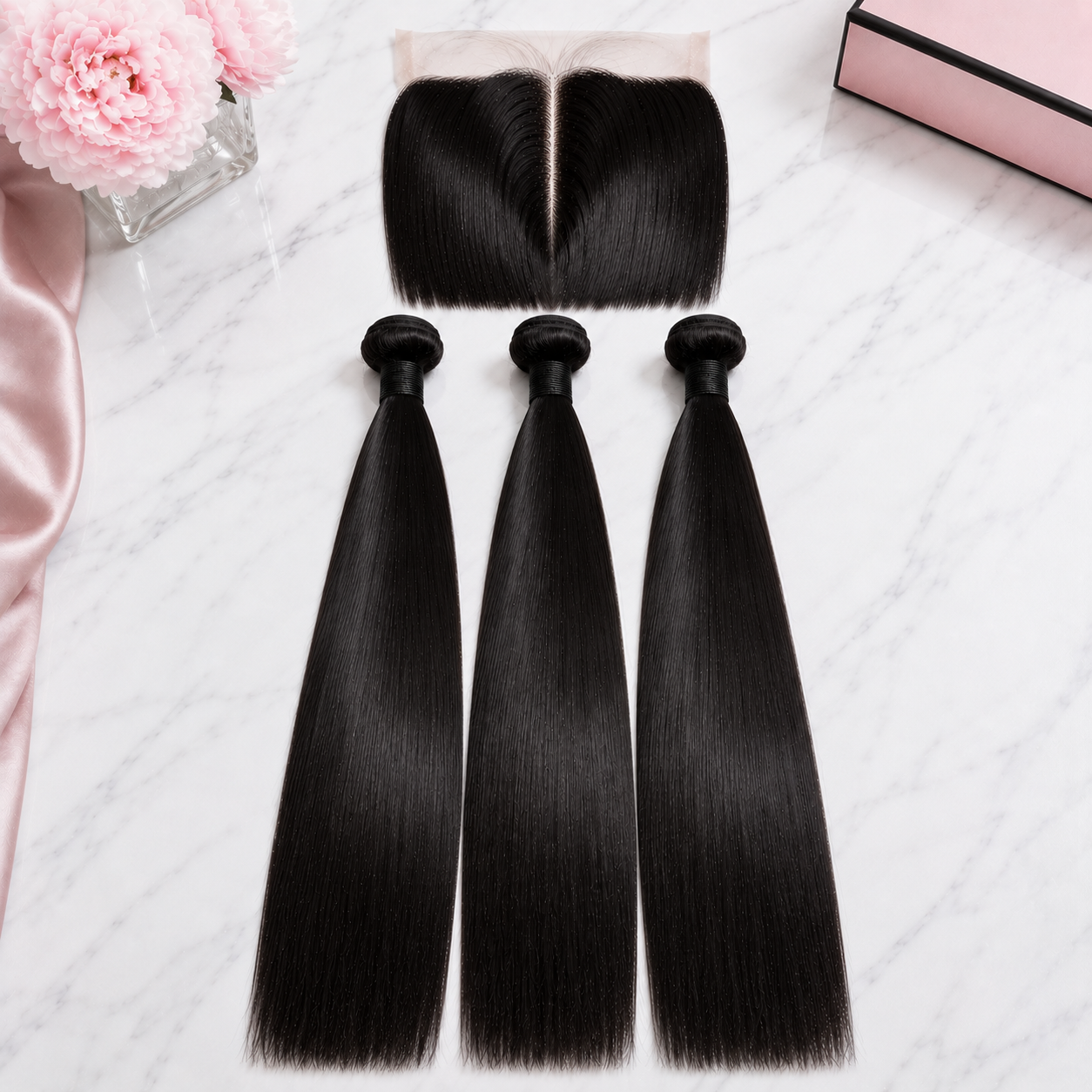 Double Drawn Straight Human Hair Bundle Deal with 13x Closure - 22 Inch x3 Bundles + 13x Closure