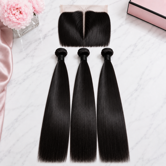 Double Drawn Straight Human Hair Bundle Deal with 13x Closure - 22 Inch x3 Bundles + 13x Closure